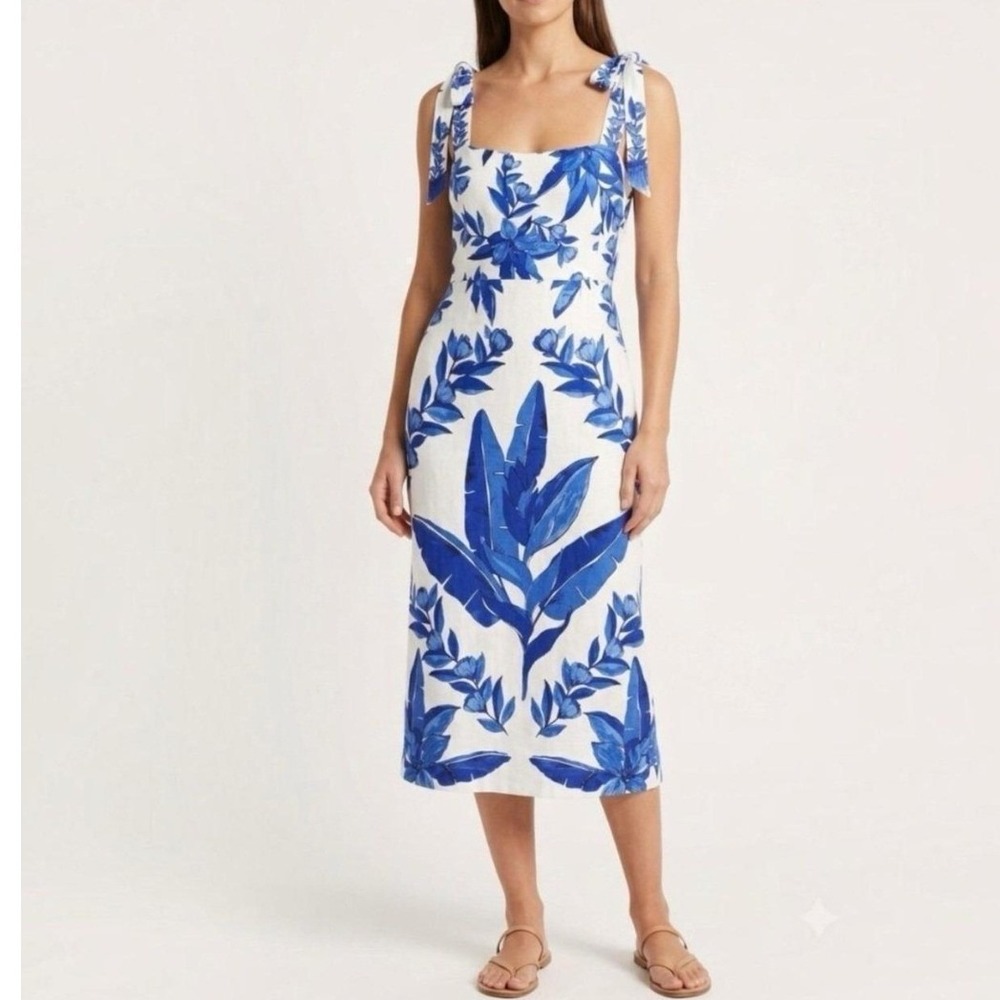Calypso St Barth Linen Blend Floral Midi Dress Blue White Tie Shoulder XL Beachy
